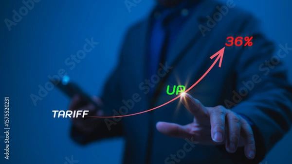 Fototapeta Businessman Holographic Analysis Blue Background Shows Business Growth Trend With Finger Pointing To Tariff Impact, Suit Smartphone
