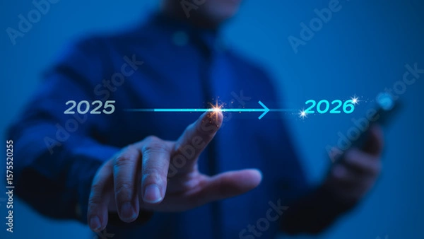 Fototapeta Futuristic Hand Reaching For Glowing Arrow Digital Advancement From 2025 To 2026, Persons Touch Ignites Light Expansion, Device In Hand, Marking A New Years Technological Leap