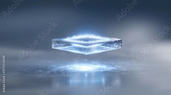 Fototapeta Floating crystal with particle effects representing quantum computing and digital innovation