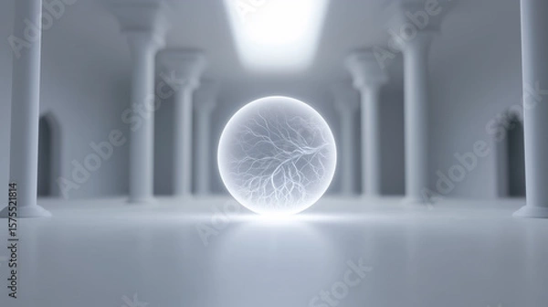 Fototapeta Luminous AI sphere floating in minimalist technology center hallway