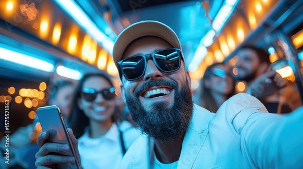 Fototapeta Smiling man with beard, sunglasses, and cap takes selfie on party bus with friends, vibrant blue and orange neon lights create energetic, joyful atmosphere, night celebration