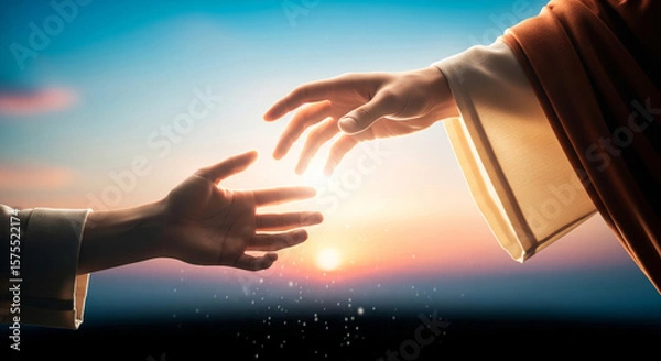 Obraz Close-up of Jesus' hand saving a man's hand against the sky. Miracle of saving the life of Jesus Christ, the Son of God, salvation from a sinful life. Christmas, Easter, love, heaven and salvation 