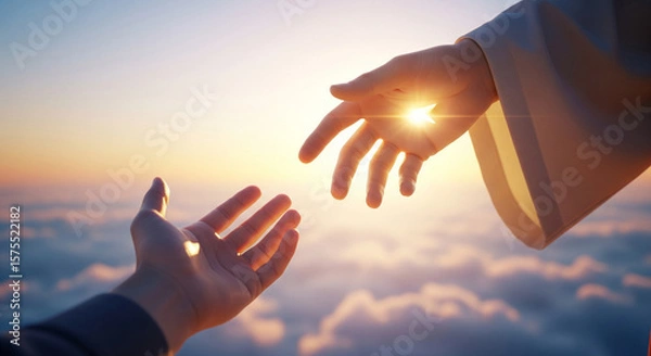 Obraz Close-up of Jesus' hand saving a man's hand against the sky. Miracle of saving the life of Jesus Christ, the Son of God, salvation from a sinful life. Christmas, Easter, love, heaven and salvation 