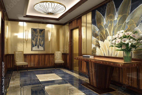 Fototapeta Luxurious hotel lobby features stylish furniture, decorative lighting, and fresh flowers in an upscale setting