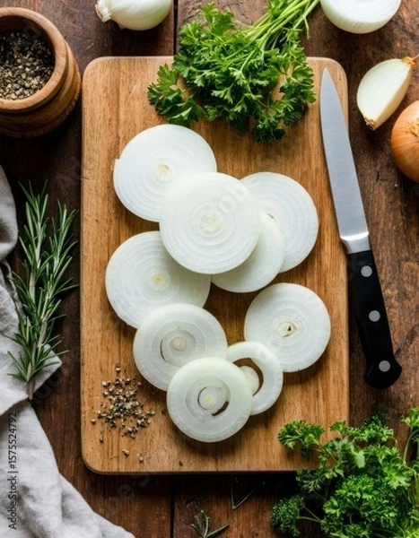 Fototapeta Sliced Onion on Rustic Wooden Board