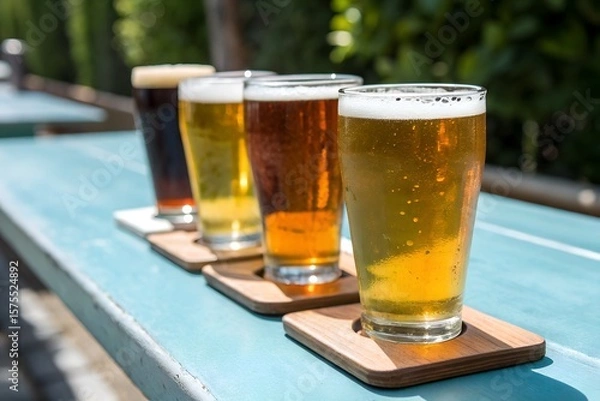 Fototapeta Assorted beer flight craft beers tasting brewery pub alcoholic beverage sample