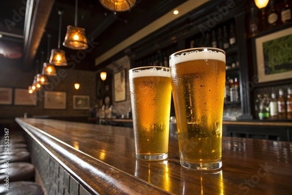 Fototapeta Two beers on bar top at pub with lights and bottles in background stock photo