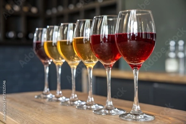 Fototapeta Wine tasting event with different wine glasses on the table in a row view