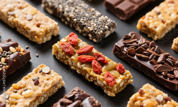 Fototapeta Collection of Natural Energy Bars with Superfood Ingredients on Neutral Background, Ideal for Wellness Branding and Product Promotions