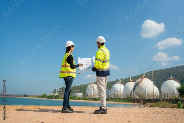 Obraz Mechanical engineer working and inspection gas pipeline system new construction project of industrial.