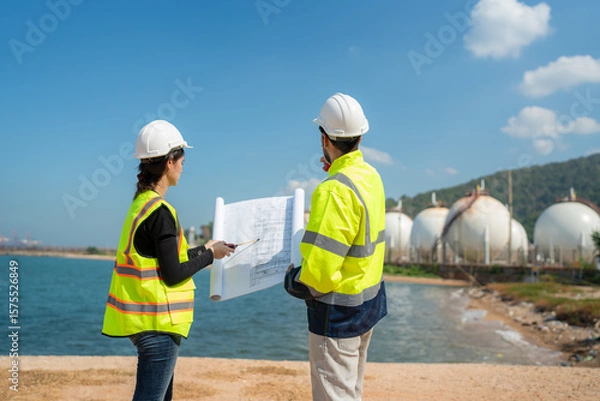 Obraz Mechanical engineer working and inspection gas pipeline system new construction project of industrial.