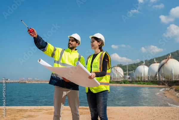 Obraz Mechanical engineer working and inspection gas pipeline system new construction project of industrial.