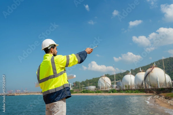 Obraz Mechanical engineer working and inspection gas pipeline system new construction project of industrial.