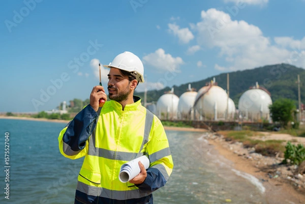 Obraz Mechanical engineer working and inspection gas pipeline system new construction project of industrial.