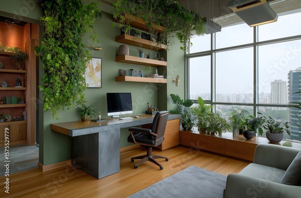 Fototapeta A home office with a grey desk, white walls, and light 