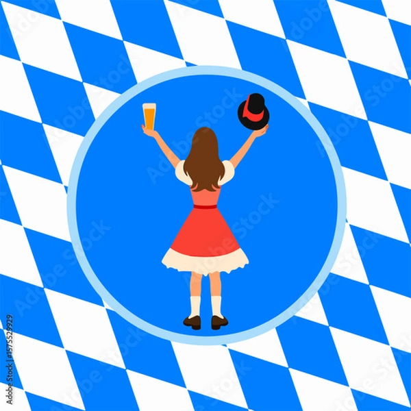 Fototapeta From the series "oktoberfest", girl in red  with a hat in her hand meets or sees someone off, on the background of traditional bavarian pattern with blue and white diamonds	