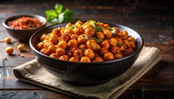 Fototapeta A vibrant bowl of spicy chickpea snack garnished with herbs, served on a rustic wooden table, perfect for sharing.