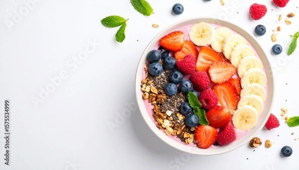 Fototapeta A vibrant bowl of yogurt topped with fresh berries, banana slices, and granola, perfect for a nutritious breakfast or snack.