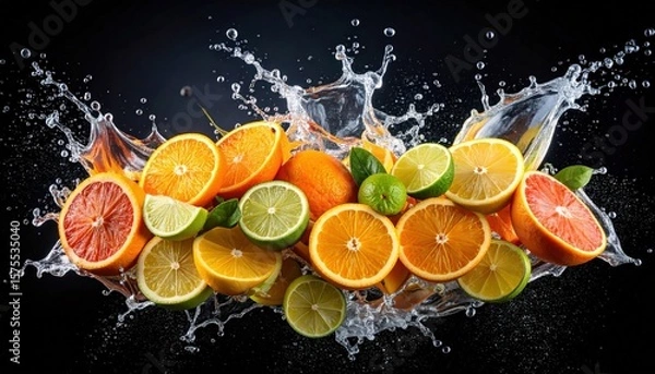 Fototapeta A vibrant splash of mixed citrus fruits, including oranges and limes, set against a dramatic black background.