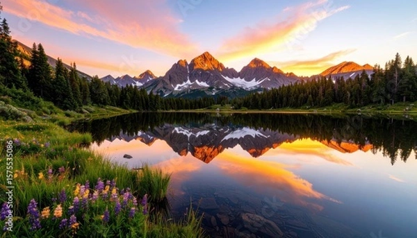Fototapeta Breathtaking mountain landscape at sunset, reflecting in a serene lake surrounded by vibrant wildflowers and lush greenery.