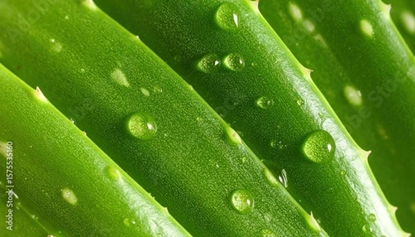 Fototapeta Close-up of vibrant green aloe vera leaves with water droplets, showcasing their texture and health benefits in a natural setting.
