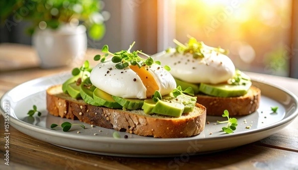 Fototapeta Delicious avocado toast topped with poached eggs, fresh herbs, and a warm, inviting atmosphere, perfect for a healthy breakfast.