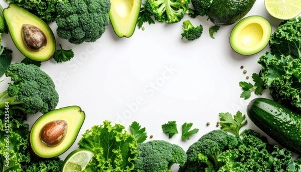 Fototapeta Fresh green vegetables including broccoli, avocado, and cucumber arranged creatively on a white background for healthy living.