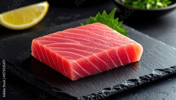 Fototapeta Fresh, vibrant sushi-grade tuna sashimi displayed on a slate board with garnish and lemon slice for culinary enthusiasts.