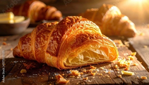 Fototapeta Freshly baked croissant on a rustic wooden table, showcasing flaky layers and a golden-brown crust, perfect for breakfast.