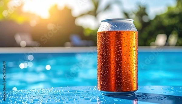 Fototapeta Refreshing beverage can by the pool, glistening with droplets under the sun, perfect for a sunny day.