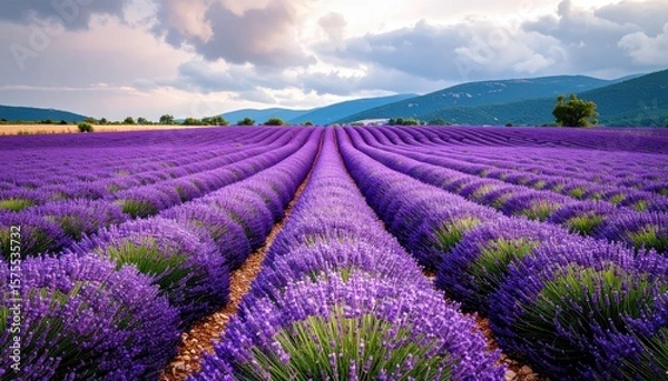 Fototapeta Vibrant lavender fields stretch toward the horizon under a supportive sky, showcasing nature's beauty and serenity.