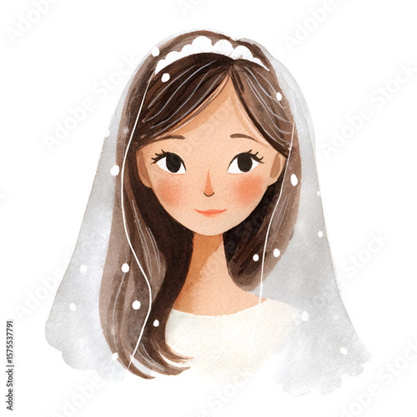 Fototapeta Watercolor Bride Portrait: A delicate watercolor painting of a bride, her face framed by a sheer veil and a simple tiara, evokes a sense of grace, purity, and serene anticipation for her wedding day.
