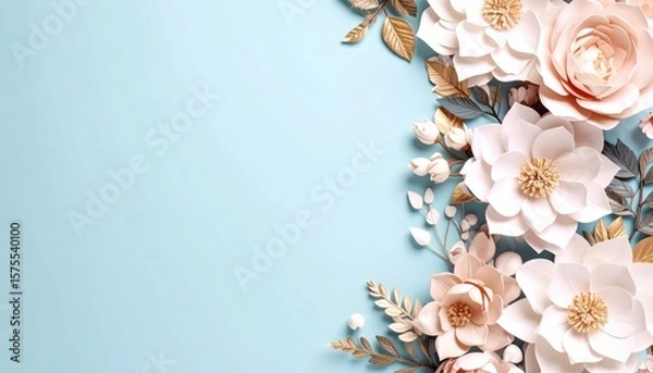 Fototapeta Elegant paper flower arrangement studio setting decorative artwork soft blue background close-up view floral creativity