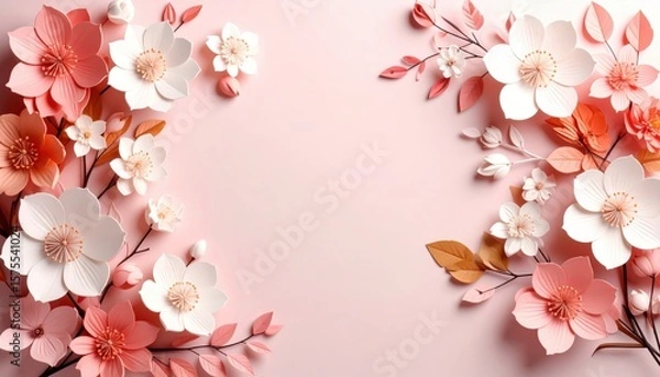 Fototapeta Elegant floral arrangement studio setting paper craft art soft pastel background top-down view creative design inspiration