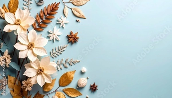 Fototapeta Floral arrangement display on soft blue background decorative art composition indoor setting aesthetic view nature inspired design
