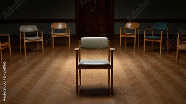 Fototapeta Empty chair in spotlight on wooden floor with other chairs in background creating farewell scene for employee in quiet room