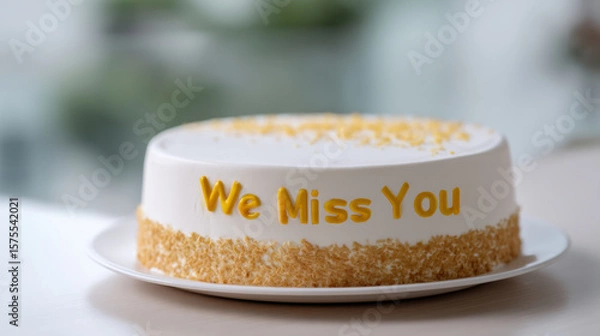 Fototapeta Farewell cake with white frosting and yellow decoration expressing missing employee in warm and heartfelt way on white plate