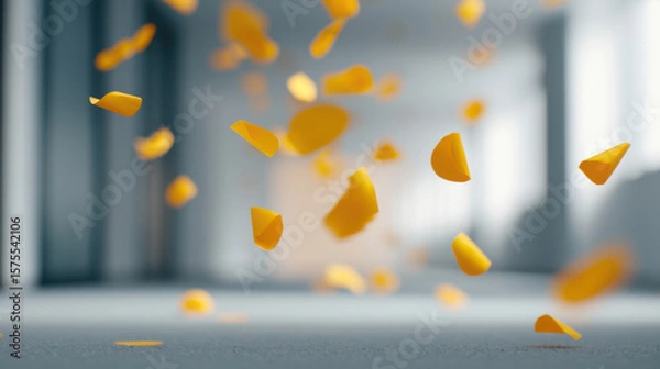 Obraz Falling yellow petals create soft farewell scene with employee gentle presence evoking calm and warmth in blurred indoor setting