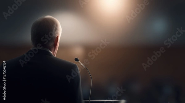 Fototapeta Farewell speech by employee standing at microphone in dimly lit room with blurred audience creating emotional atmosphere
