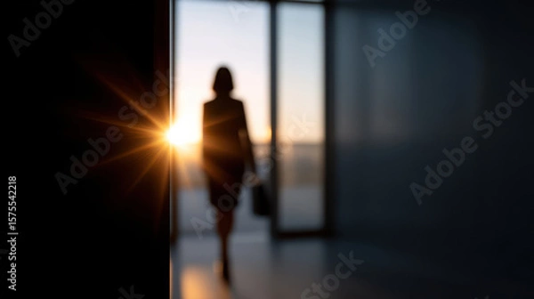 Fototapeta Farewell moment captures employee walking away with briefcase at sunset, symbolizing transition and new beginnings in calm atmosphere