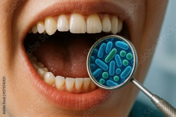 Obraz Revealing Tiny Oral Microbiome, Dental Mirror Shows Microscopic Bacteria During Routine Hygiene Checkup, a close-up highlighting oral health and dental care.