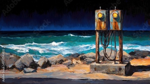 Obraz Calm Teal Waves Crashing On Rocky Shore with Two Weathered Yellow Signal Lights Painting