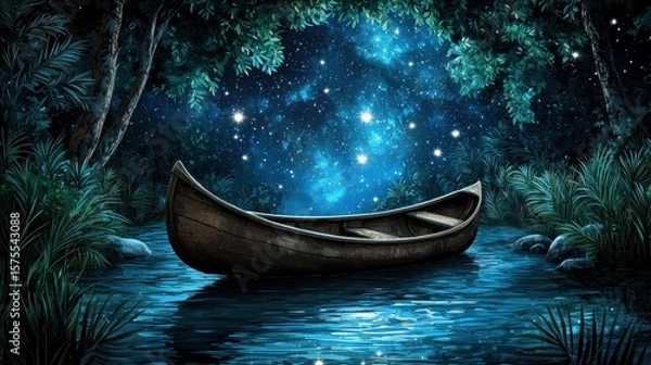 Obraz Canoe on Tranquil Blue Water Under a Starlit Night Sky