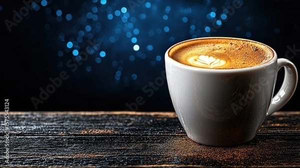 Obraz Cappuccino Coffee in White Cup on Dark Wood Table with Blue Bokeh
