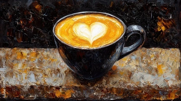 Obraz Cappuccino with Heart Latte Art in Dark Cup on Rustic Wood