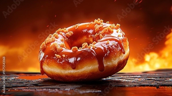 Obraz Caramel Glazed Donut with Crumble on Dark Surface Against Fiery Background