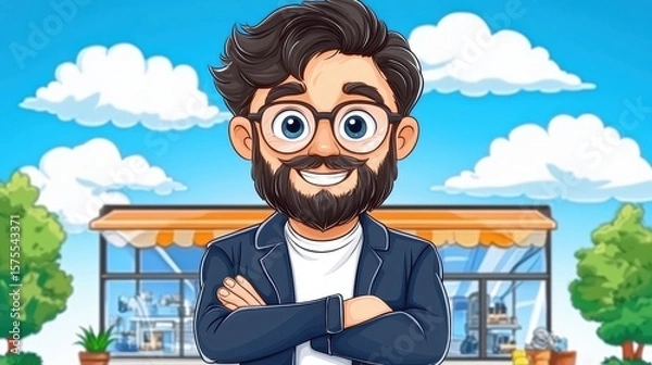 Obraz Cartoon Man with Curly Hair Smiles in Front of Store with Blue Sky Backdrop