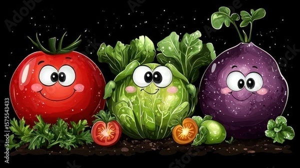 Obraz Cartoon Vegetables Featuring Tomato Cabbage and Turnip with Smiling Faces on Dark Backdrop