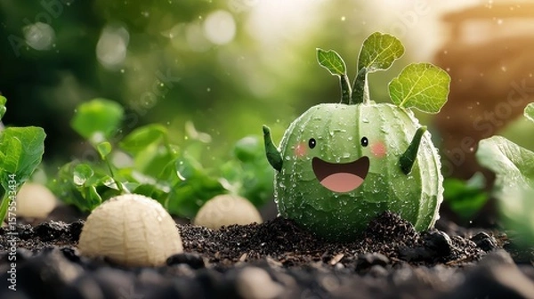Obraz Cartoon Vegetable Character in Sunny Garden Soil with Sprouting Plants and Bokeh
