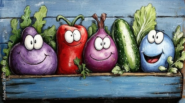Obraz Cartoon Vegetables Still Life with Smiling Faces on Blue Wooden Surface